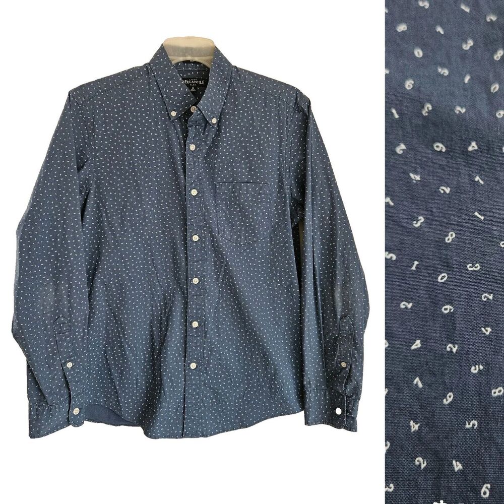 J Crew Mercantile Shirt Mens Med Blue DItzy Number Geek Slim Fit Flex Buttonup